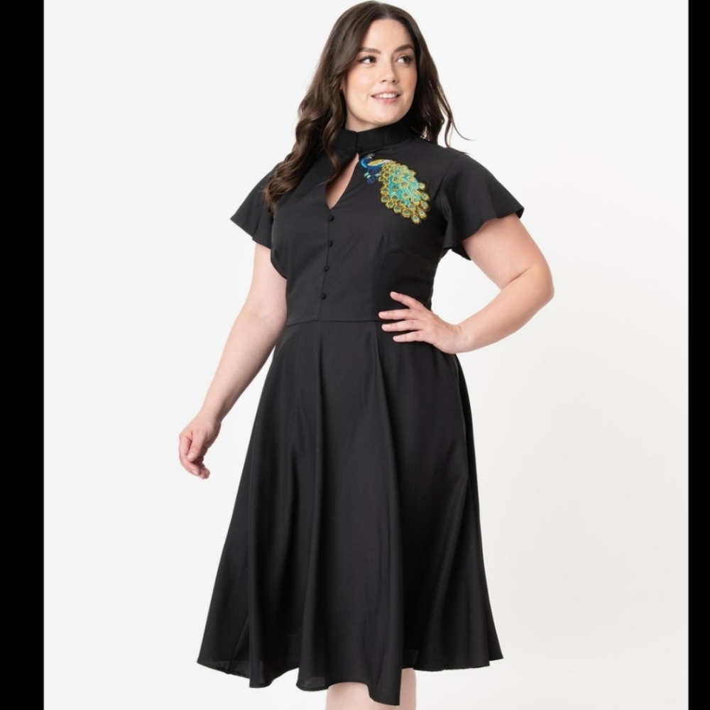 Unique Vintage Black Peacock Swing Dress 3X/20